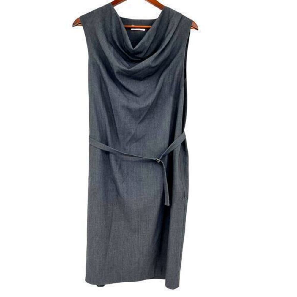 Calvin Klein gray sleeveless draped cowl neck belted sheath dress classic sz 10